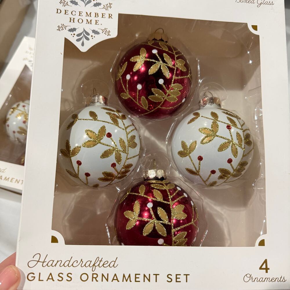 8pcs Christmas Tree Ornaments Handcrafted Glass Set, Glitter Red White Gold